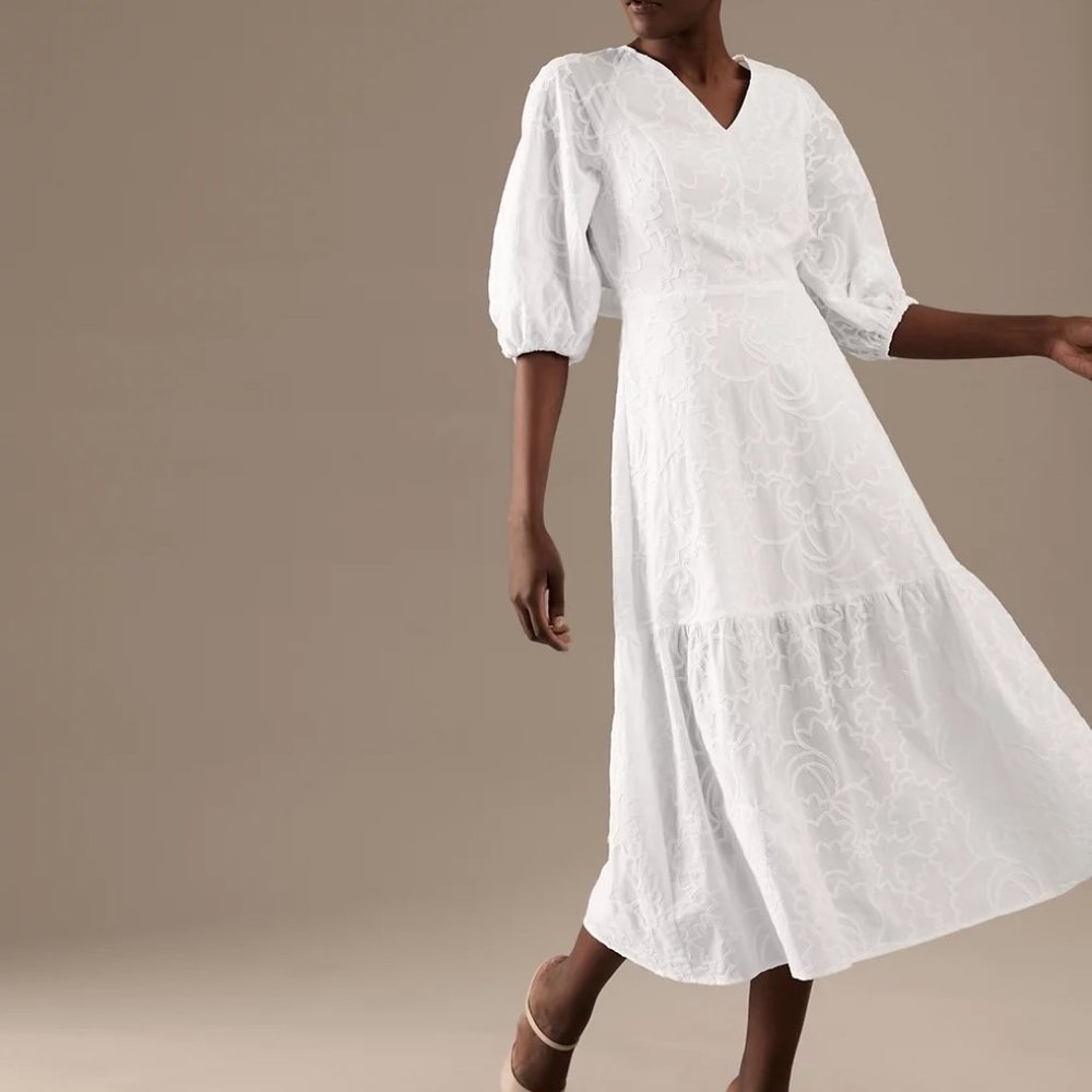 Brand New, Never Worn Pure Cotton Embroidered V-Neck Midi Dress